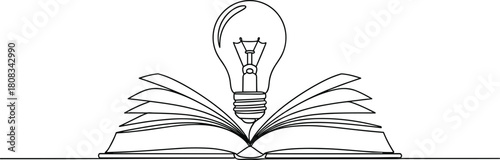 Continuous One Line Drawing of Open Book with Lightbulb, Idea, Education, Learning, Knowledge, Inspiration, Creativity, Minimalist Outline Sketch Vector Art.eps