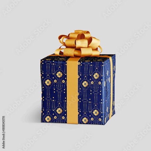 Elegant Gift Box with Gold Floral Wrapping and Decorative Bow on Dark Blue Background