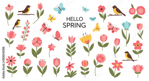 A cheerful collection of flat design spring elements including various colorful flowers, cute birds, and butterflies with \.