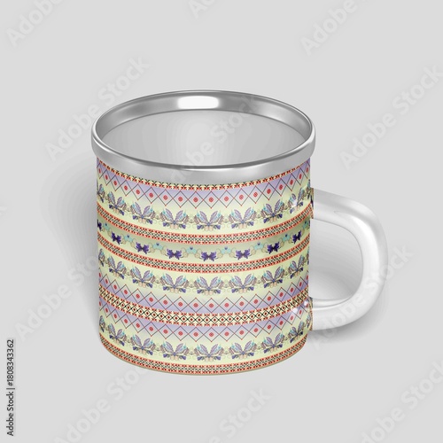 Decorative Metallic Mug with Folk-Art Motifs and Colorful Geometric Bands