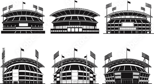 Collection of detailed sports stadium vector illustrations with modern architectural designs, floodlights, exterior views, event arenas, and high-quality silhouettes for professional commercial use