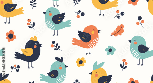 Whimsical seamless pattern featuring cute cartoon birds in various colors, alongside delicate flowers and berries, on a soft off-white backdrop.