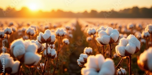 Golden sunlight bathes rows of fluffy cotton bolls in a vast field , sunset, image, countryside