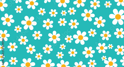 A bright, seamless pattern showcasing whimsical white daisy flowers with sunny yellow centers spread across a vibrant teal background, ideal for spring and summer.