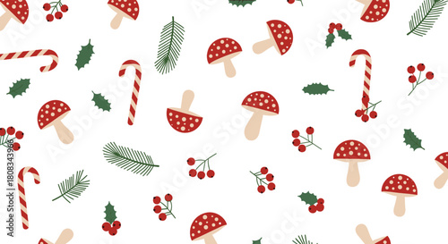 A charming seamless pattern of festive Christmas and winter elements including candy canes, holly, red berries, pine, and whimsical mushrooms.