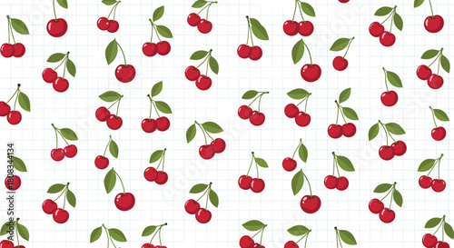 A cheerful and fresh repeat pattern featuring sweet red cherries on their green stems, set against a subtle grid paper background.