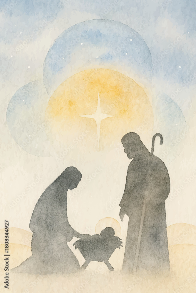 Fototapeta premium Minimalist holy night silhouettes with glowing watercolor