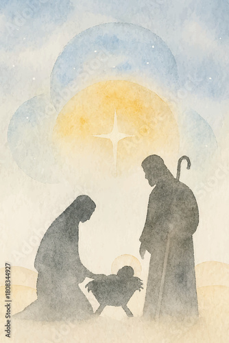 Minimalist holy night silhouettes with glowing watercolor