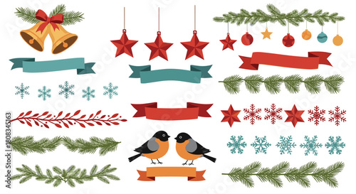 Christmas and winter vector set with festive decorations like bells, ribbons, snowflakes, stars, and fir branches, isolated on white.