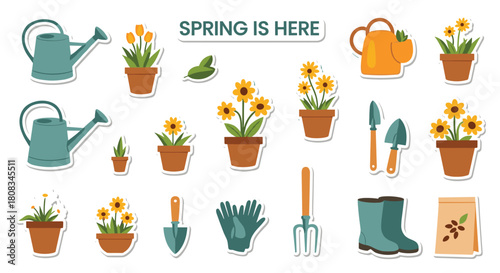 A collection of colorful flat-lay stickers representing various tools and plants for spring gardening, with the text 'Spring is Here'.