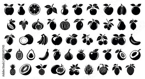 Black hand drawn fruit collection healthy organic food nature set isolated on white background apple banana cherry vintage sketch