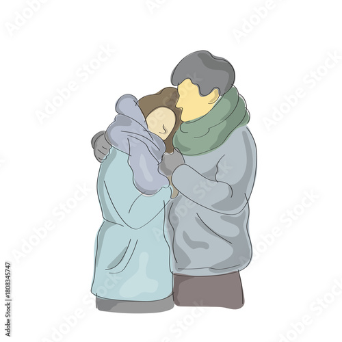 couple hugging in winter season with scarf and coat illustration vector hand drawn with black lines