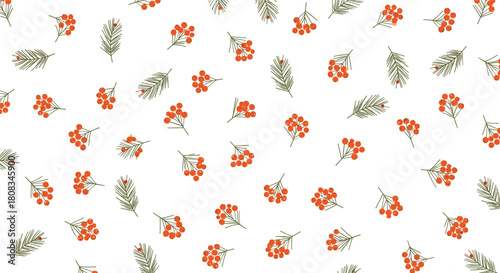 Seamless pattern of scattered green pine tree branches and red berries on a clean white background, evoking a festive and natural winter holiday theme.