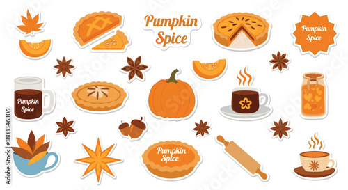 Delightful autumn-themed vector stickers showcasing pumpkin spice food, drinks, and fall decor on a clean white background.