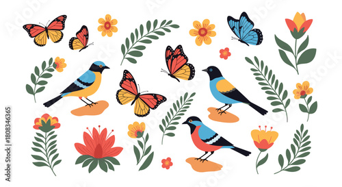 A vibrant collection of colorful birds, butterflies, and botanical elements, evoking the beauty of nature and spring.