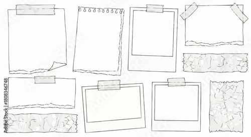 Hand drawn collection of doodle paper notes and polaroid photo frames.