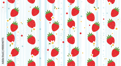 Sweet red strawberries and delicate white flowers randomly arranged on a charming background of alternating light blue and white vertical stripes.