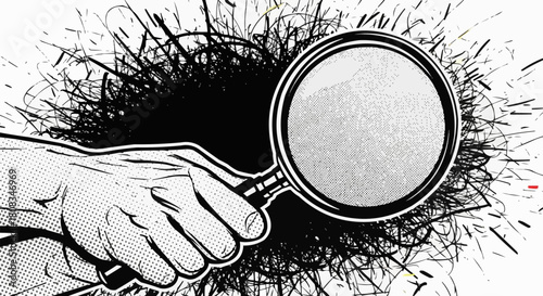 Magnifying glass held by hand focusing on the main subject for analysis.