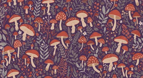 A whimsical, dark purple forest pattern featuring various red-capped mushrooms, delicate foliage, and tiny white flowers, evoking a magical woodland scene.