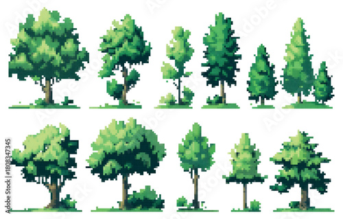 Pixel trees forest set. Retro 8 bit video game UI elements, trees sprite asset, background landscape objects. Vector isolated collection. Forest flora species logo collection. Game development UI