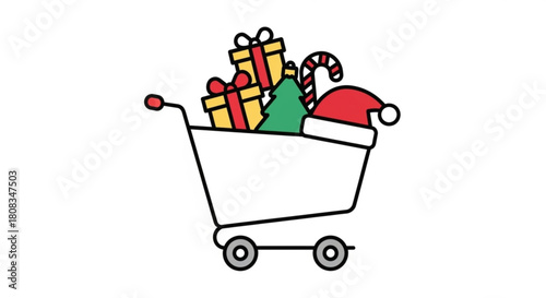 Christmas shopping cart filled with gifts tree candy cane and santa hat for holiday season online sales