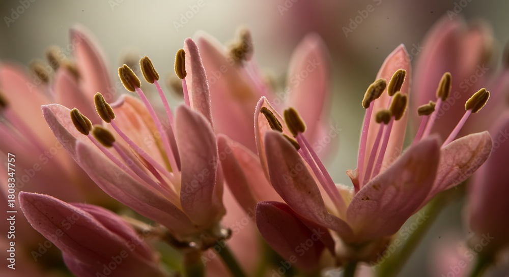 Fototapeta premium Close up of delicate pink flowers with brown stamens in soft focus