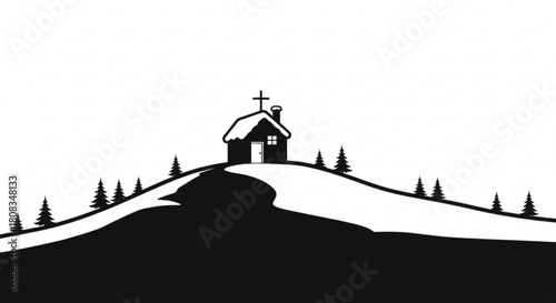 Winter landscape with church on hill vector illustration christmas scene snowy mountain house design silhouette