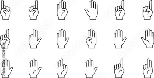 A collection of hand gestures depicted as vector line art. The images showcase various finger combinations, representing numbers, signals, or abstract concepts. 