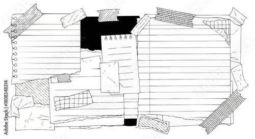 Assortment of paper notes taped together creating a collage of thoughts and ideas.