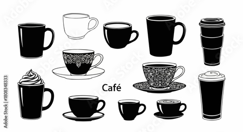 Collection of various coffee cups and mugs in black and white sketch style.