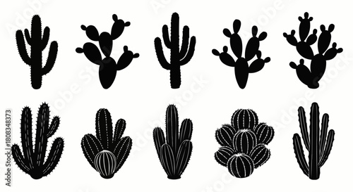Collection of ten different black cactus silhouettes isolated on a white background.