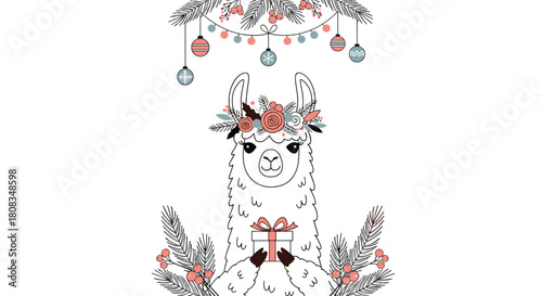 Festive llama in a flower crown holds a Christmas gift, surrounded by winter foliage, berries, and hanging ornaments on a white background.