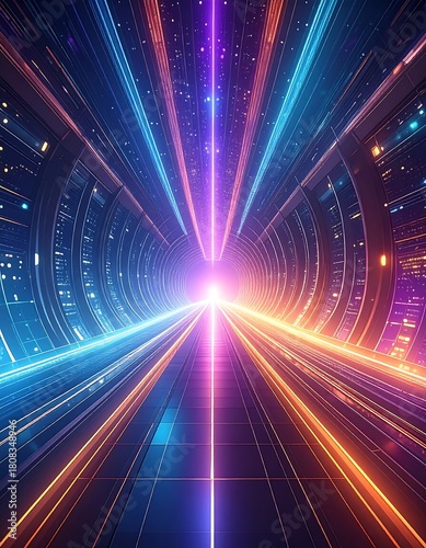 Futuristic tunnel bathed in neon light, with converging beams