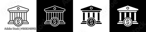 Bank icon variations in line and glyph style on black and white background