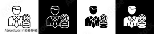 Investor icon variations in line and glyph style on black and white background