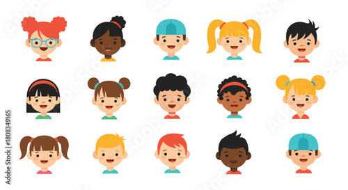 Adorable cartoon avatars of diverse children, including boys and girls with various skin tones, hairstyles, and cheerful, welcoming smiles.