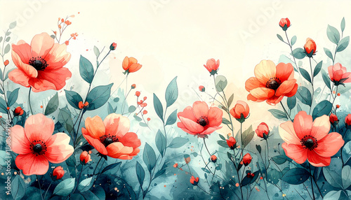 Loose Spring Flower Doodles on Dusty Rose & Mint Background