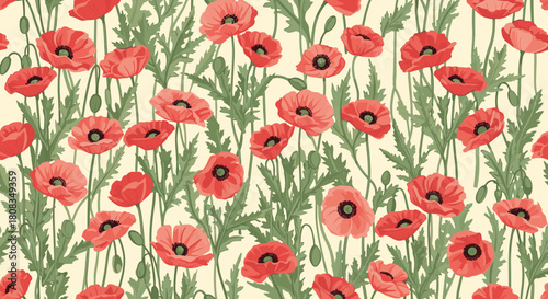 Beautiful seamless pattern featuring delicate red poppy flowers with green stems and leaves on a light background, creating a fresh botanical design.