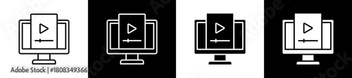 Video icon variations in line and glyph style on black and white background