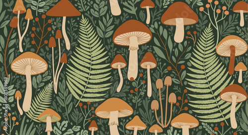 Seamless forest pattern with various mushrooms, ferns, and botanical elements on a dark green background, in an earthy, illustrative style.