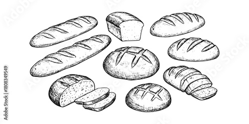 Set of bread vector illustrations - hand drawn bread - black and white bread isolated on white background