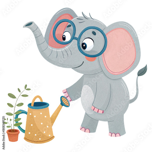 Adorable cartoon elephant with glasses diligently watering a small potted plant with a cute watering can
