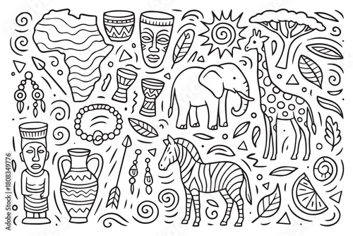 A clean black and white vector design showing the Africa continent map surrounded by tribal animals and ethnic pattern shapes, forming a seamless repeating background full of cultural symbolism.