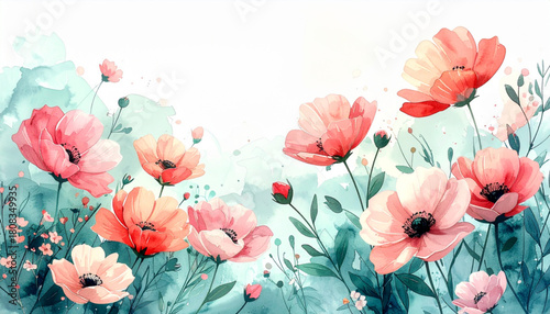 Loose Spring Flower Doodles on Dusty Rose & Mint Background