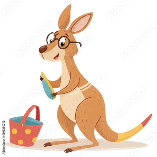 Playful cartoon kangaroo with glasses reads a book next to a colorful picnic basket, perfect for educational or whimsical projects.