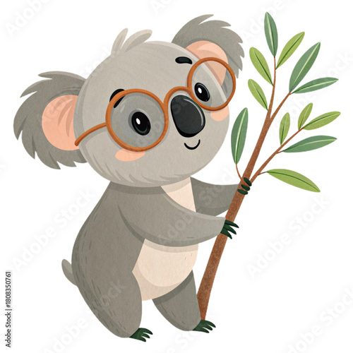 Charming cartoon koala wearing glasses holds a eucalyptus branch, perfect for educational and children's content