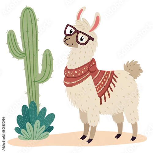Charming llama wearing glasses and scarf stands near a cactus, perfect for fun, whimsical, and creative projects.