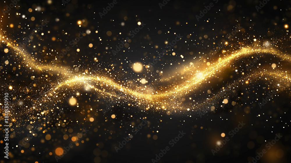 Fototapeta premium Golden glittering waves sparkle against dark background