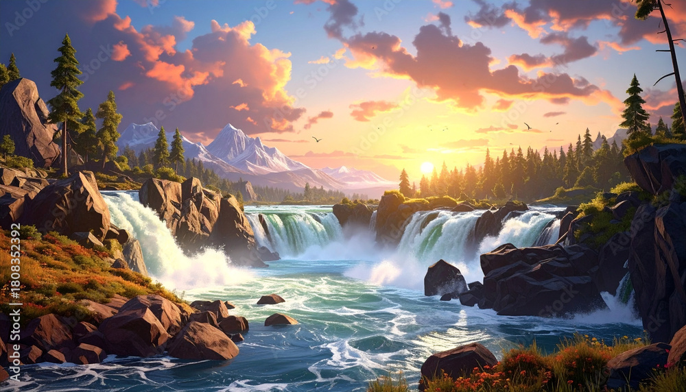 Fototapeta premium Cascading Waterfalls at Sunset: A Serene Landscape