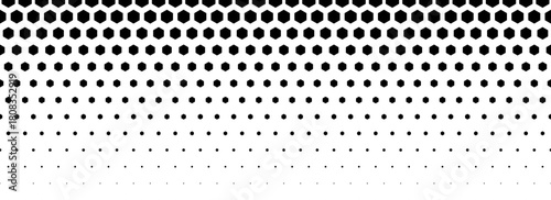 Black hexagon gradient texture. Fading honeycomb pattern background. Geometric hexagonal halftone tech overlay backdrop. Abstract grunge halfton wallpaper. Vector retro technology dot texure